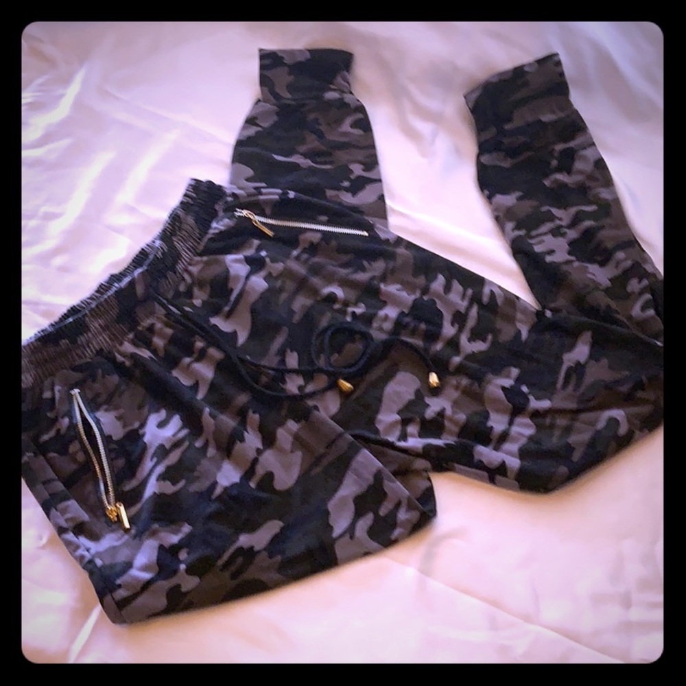 Black and grey camo jumpsuit style pants